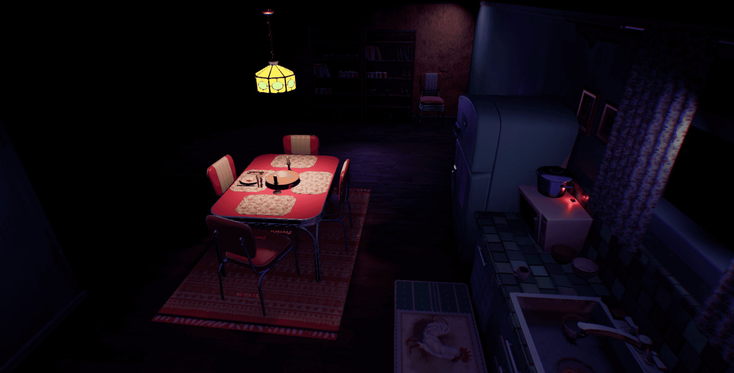 Top-down composition of the dining area and playable kitchen space