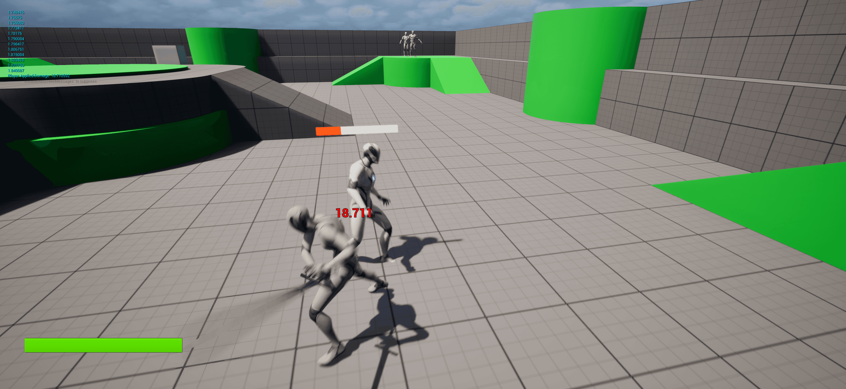 Combat blueprint graph showing attack tracing, damage application, and state updates