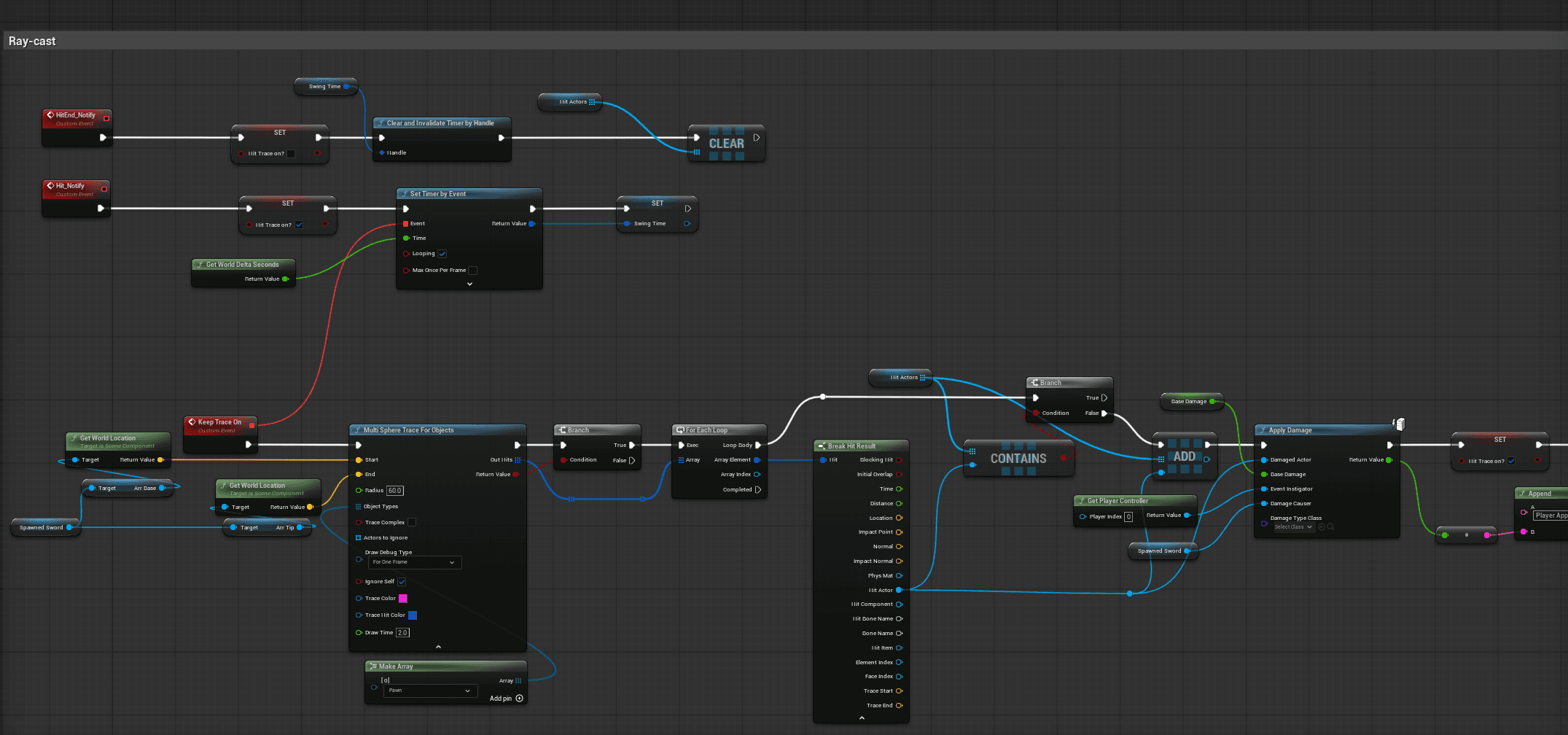 Melee hit-trace system handling attack windows and damage registration