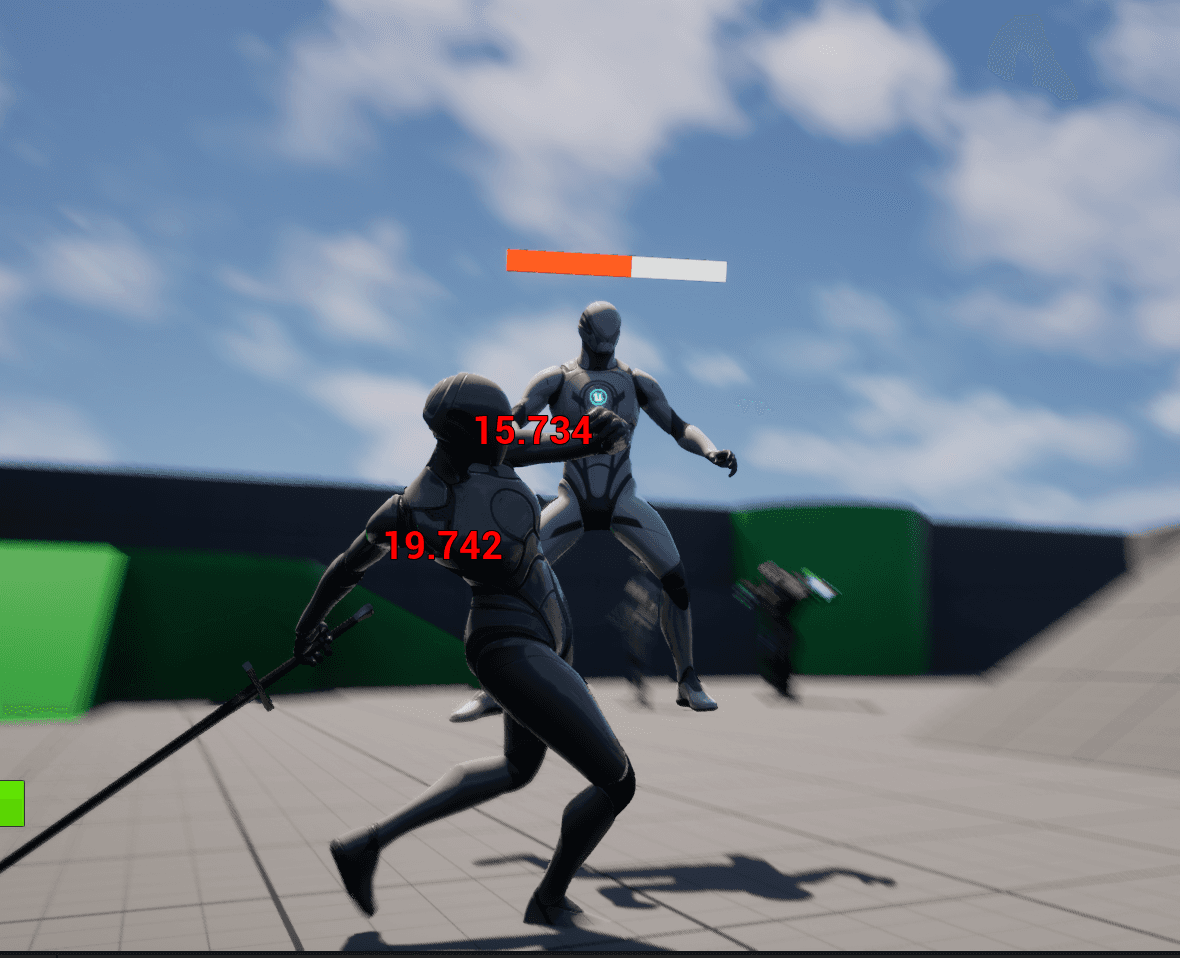 Unreal Engine 5 combat blueprint showing animation-driven melee reactions and damage flow