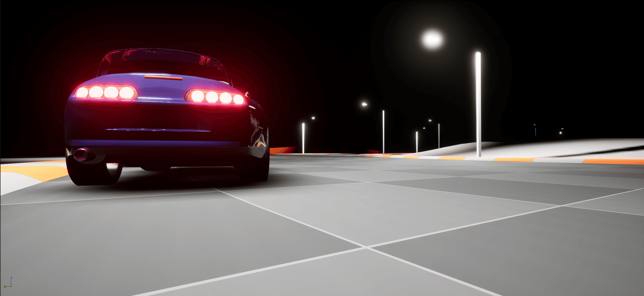 Rear cinematic shot of the Toyota Supra MK4 with glowing taillights