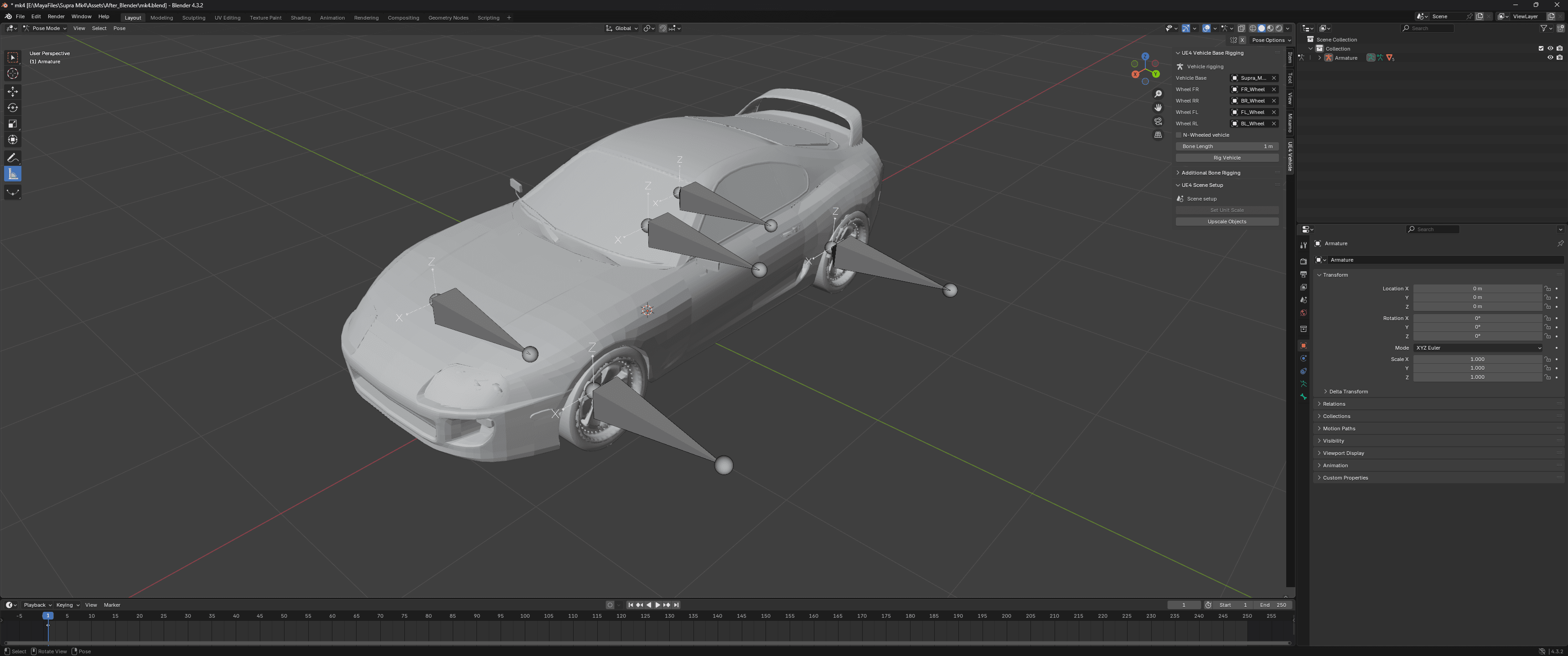 Vehicle rigging setup of the Toyota Supra MK4 inside Blender