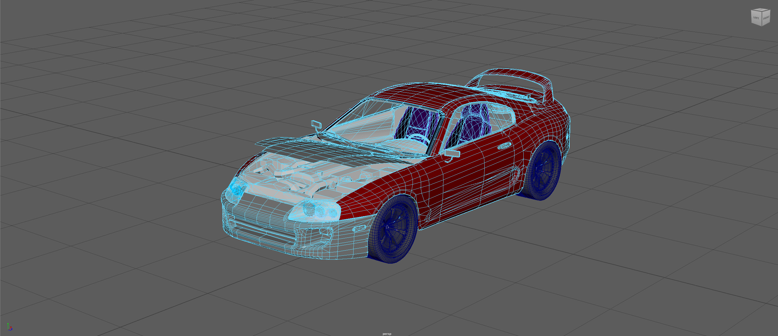 Wireframe view of the Toyota Supra MK4 showing hard-surface topology and interior detail